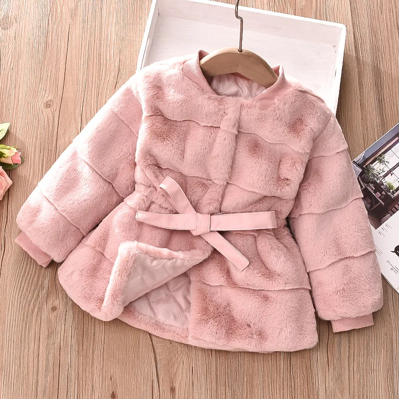 New Winter Baby Girls Jacket Plush Fur Keep Warm Belt Design Lined With Velvet Thick Coat For Kids Children Bithday Present