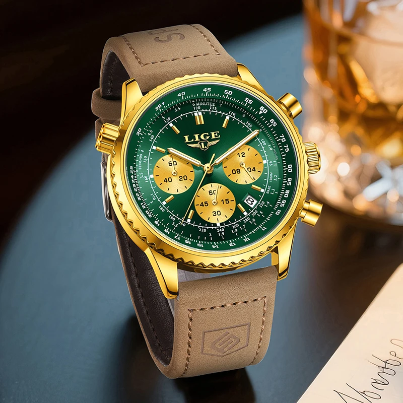 LIGE Men Watch Fashion Top Brand Luxury Leather Watch For Men Outdoor Sports Waterproof Luminous Quartz Chronograph Reloj Hombre