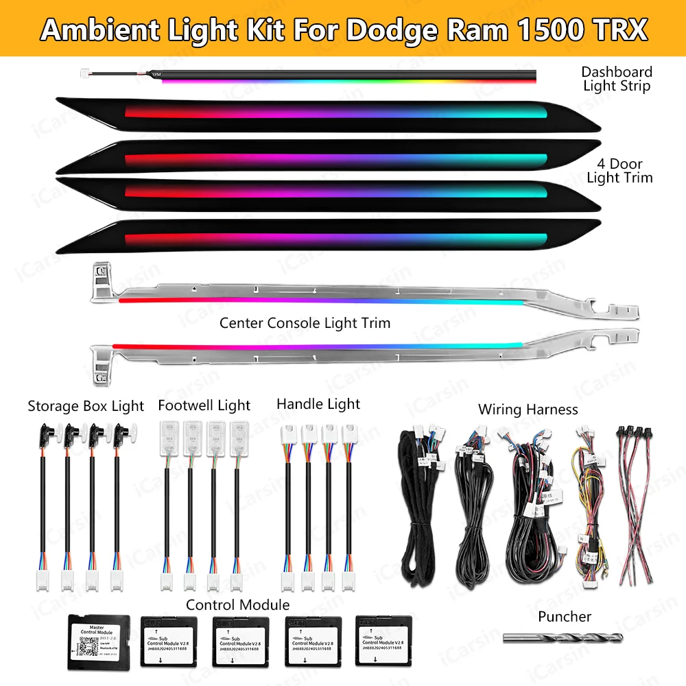 

64 цвета, динамическое окружающее освещение для Dodge RAM 1500 TRX 2022-2024, светодиодное освещение для пикапа, аксессуары для обновления внутреннего автомобиля