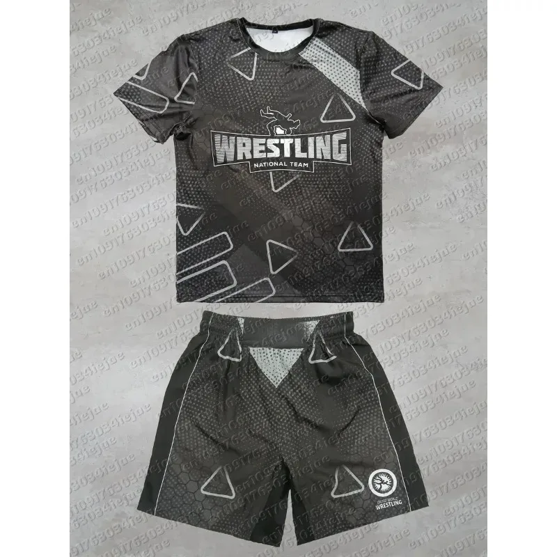 2026 New Men Kid World Wrestling Team Sportswear Set Short Sleeve T Shirt and Shorts for Workout Lightweight Moisture Wicking
