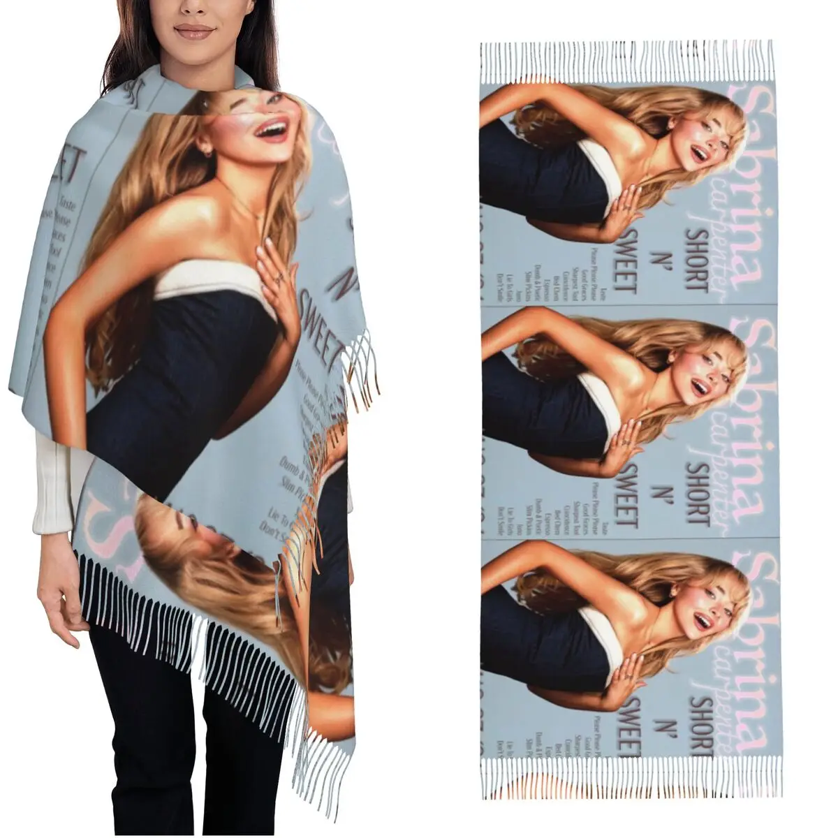 Sabrina Carpenter Short N' Sweet Tour Scarf for Women Winter Warm Shawls and Wrap Long Scarves with Tassel Daily Wear