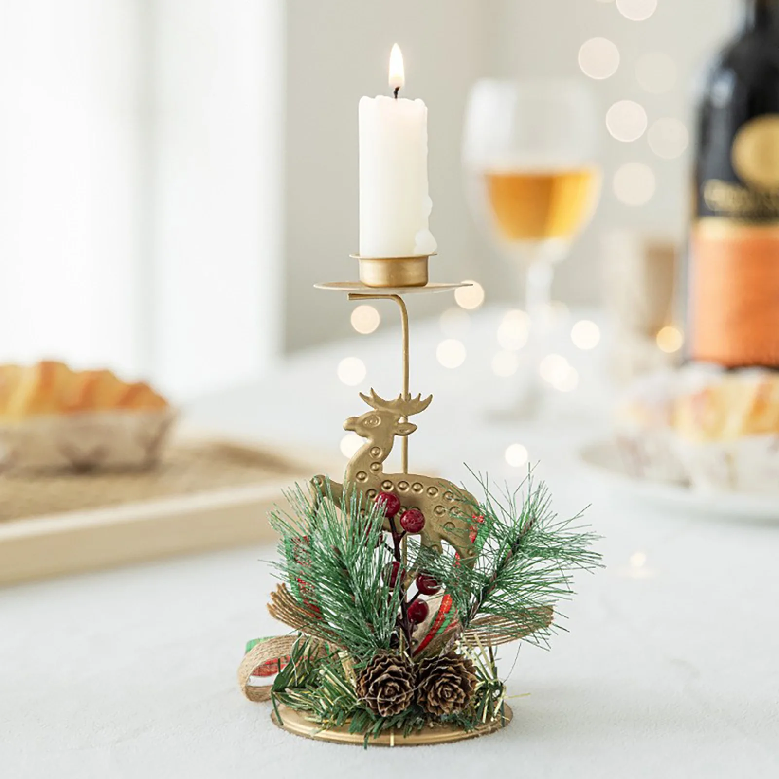 Christmas Candle Holders Set - Reindeer & Snowflake with Pine Cones Berries, Festive Metal Stands for Xmas Table Decor