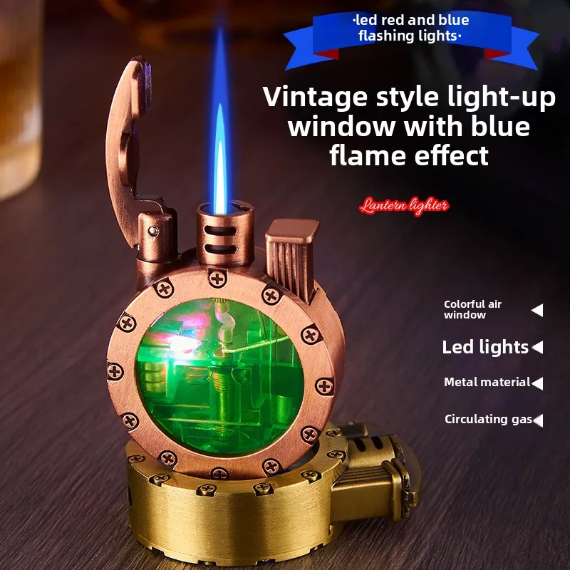2026 Windproof Lighter, Creative Retro Metal LED Color Light, Visible Transparent Air Window Direct Blue Flame Cigarette Lighter