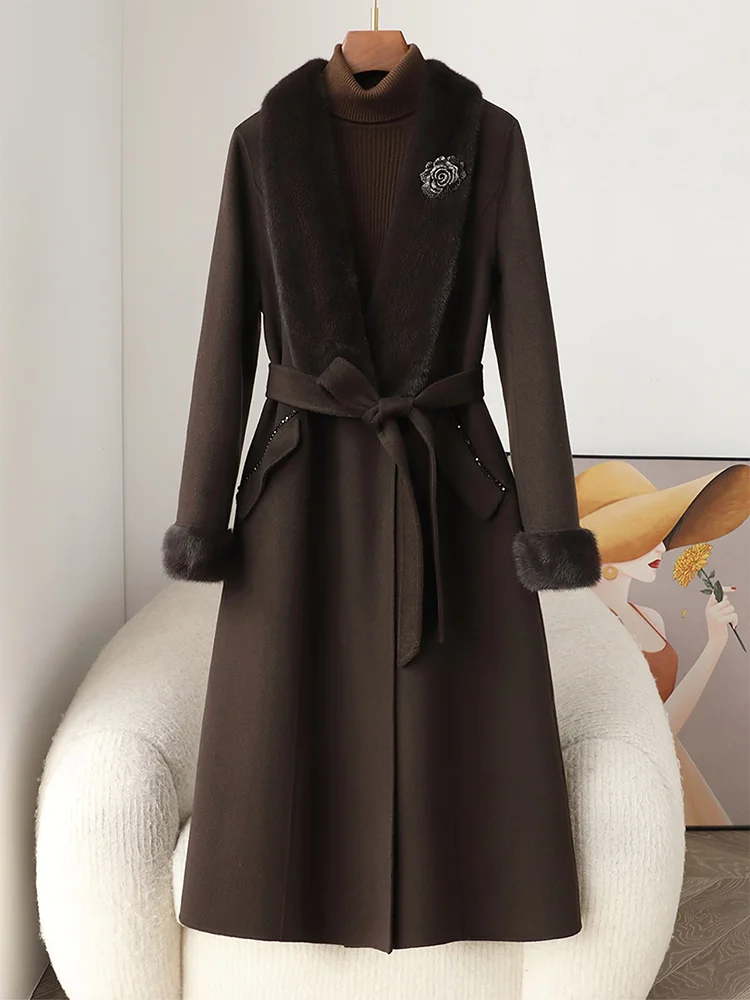 

2026 New Winter Women Natural Mink Fur Collar Jacket Cashmere Wool Woolen Ladies Outerwear Female luxury Coat Real Fur Long Coat
