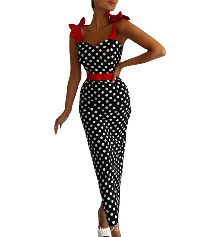 Vrouwen Jurk Lente En Zomer Schouder Taille Polka Dot Contrast Stiksels Mode Strik Mouwloze Sling Hoge Taille Jurk