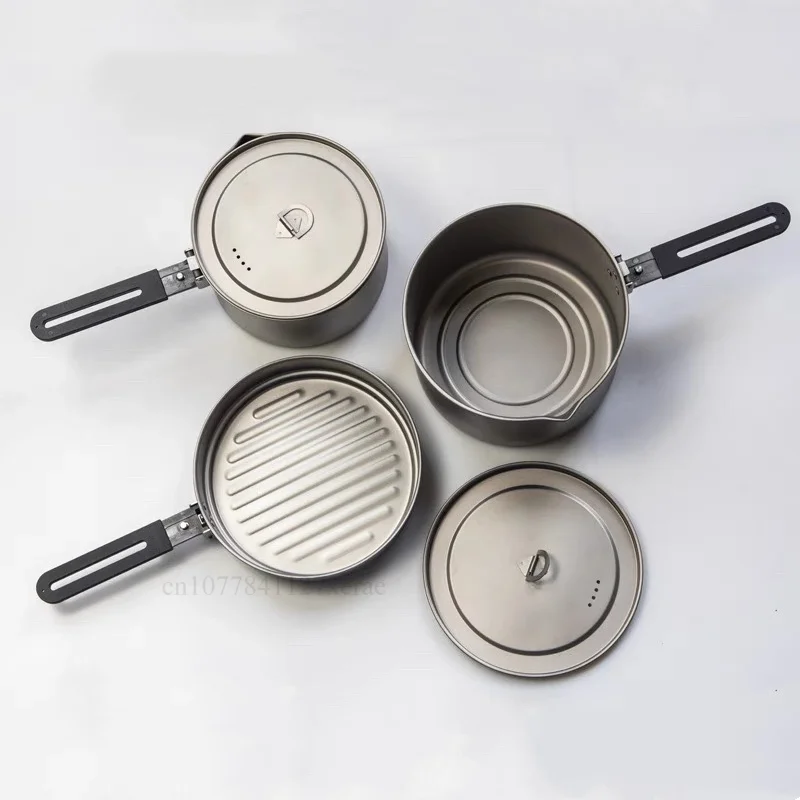 1.1L/2L/2.8L Frying Pot 3 Piece Pure Titanium Portable Camping Pot Set 2-4 People Outdoor Picnic Folding Anti Scald Handle Pot