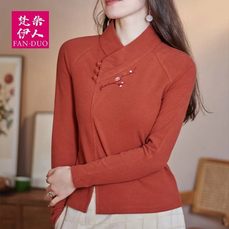 

Осенне-зимняя женская рубашка с пряжкой и воротником-стойкой, новый оригинальный дизайн, тонкий теплый топ с вышивкой для женщин