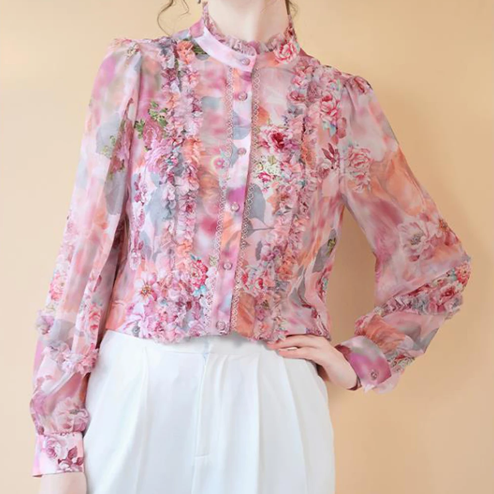 2025 Spring and Autumn New Style French Retro Mushroom Edge Long Sleeve Floral Shirt, Western Style Top for Women