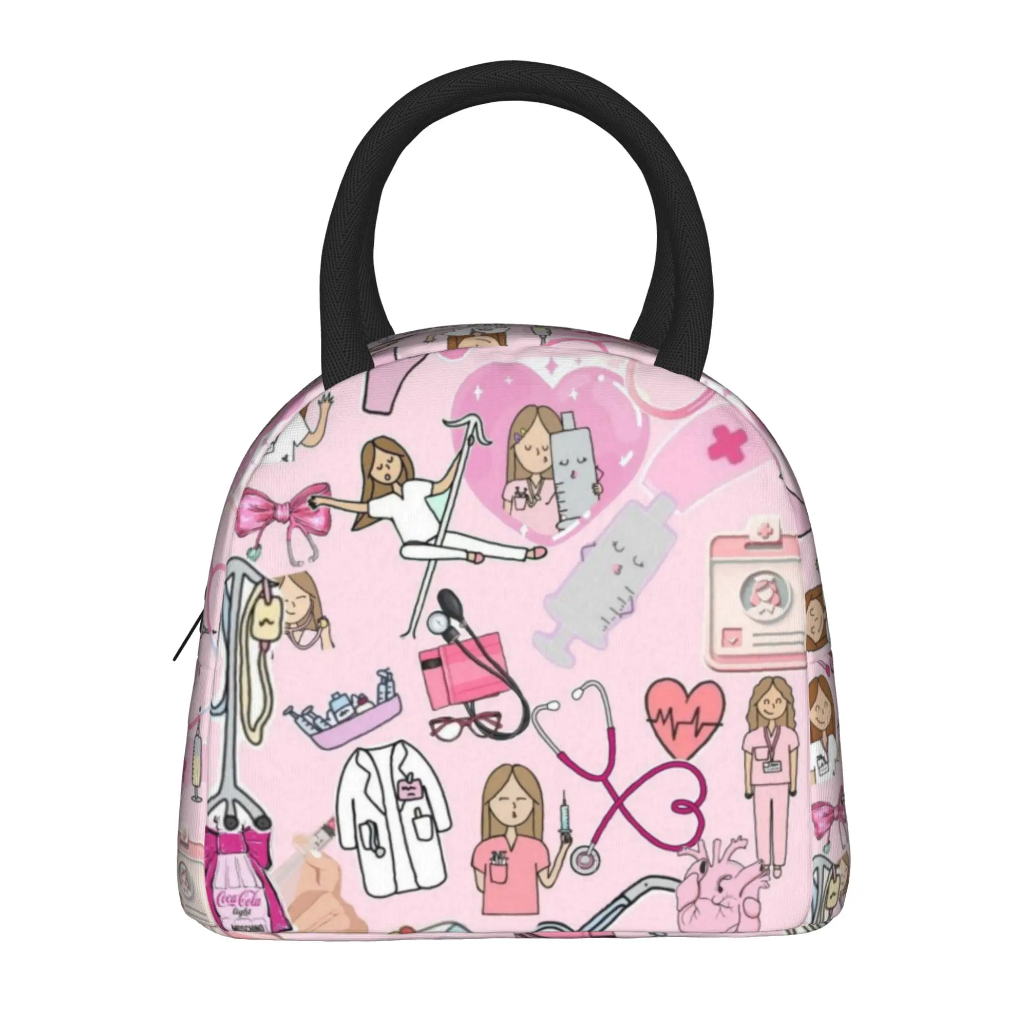 Enfermera En Apuros Pink Nurse Lunch Bag For Women Lunch Box Casual School Cooler Bag Portable Zipper Thermal Tote Handbags