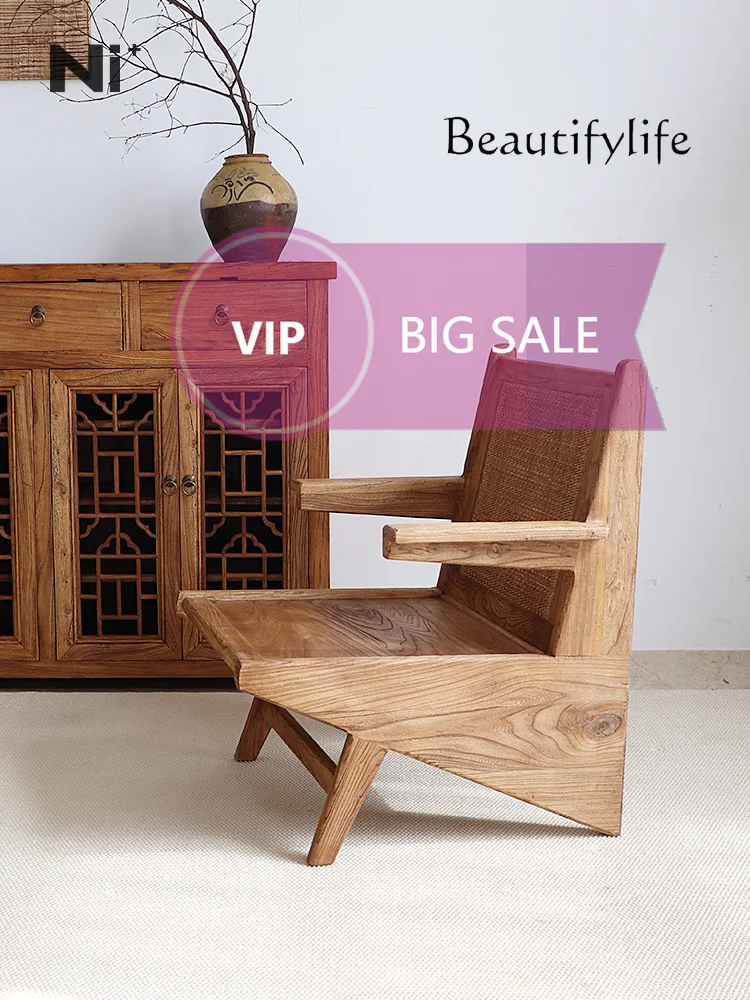 

Io Solid Wood Sofa Chair Balcony Leisure Recliner Rattan Old Elm High-end Designer Fashion