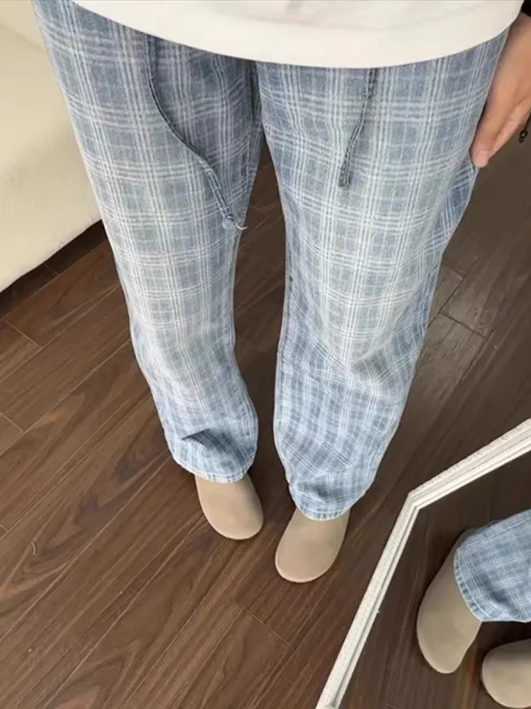 

Summer Thin Plaid Denim Pants Straight Leg Vintage American Retro High Street Vibe Men Women Casual Breathable Loose Fit