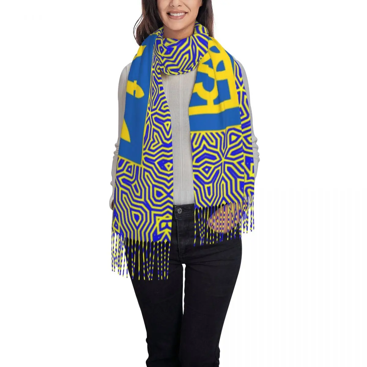 Stylish Ukraine Flag Tassel Scarf Women Winter Fall Warm Shawl Wrap Lady Ukrainian Coat Of Arms Scarves