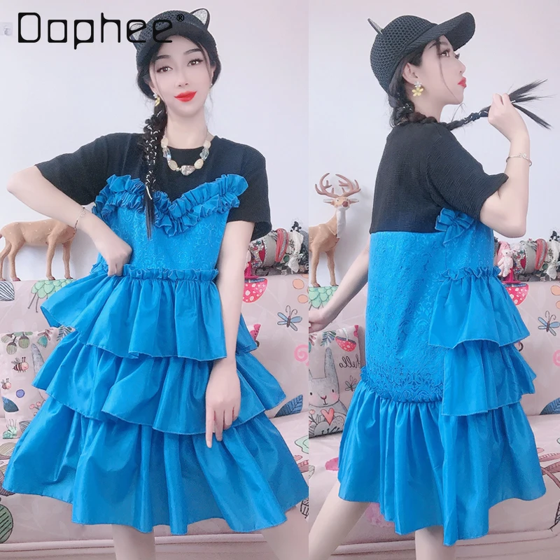 Fashion Brand Multi-Layer Ruffled Stitching Blue Cake Dress Women 2024 Summer New Round Neck Short Sleeve Tulle Tutu Dress