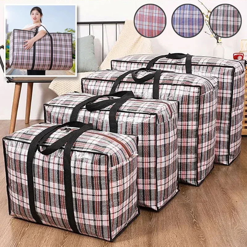 

1PC Stripe Woven Bag Large Capacity Storage Moving Bags Clothes Quilt Blanket Luggage Packing Package Zipper Tote Home Organizer