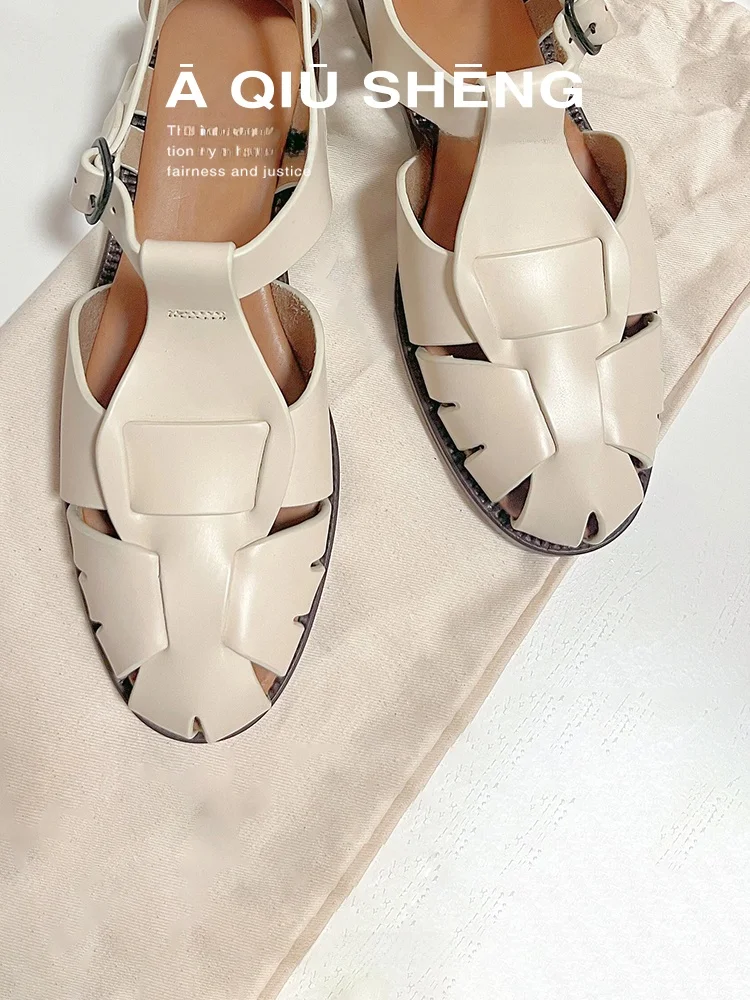 

Кожаная версия, плетеные сандалии в римском стиле, женские тапочки с закрытым носком на каблуке, повседневная резиновая подошва с низким вырезом