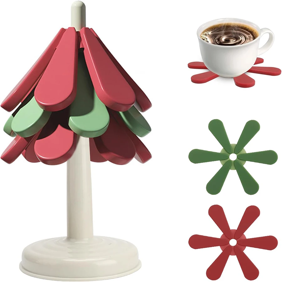 Untersetzer aus Silikon für heiße Gerichte, faltbare Tischset in Weihnachtsbaumform, 3er-Set für heiße Töpfe und Pfannen, hitzebeständige Pads
