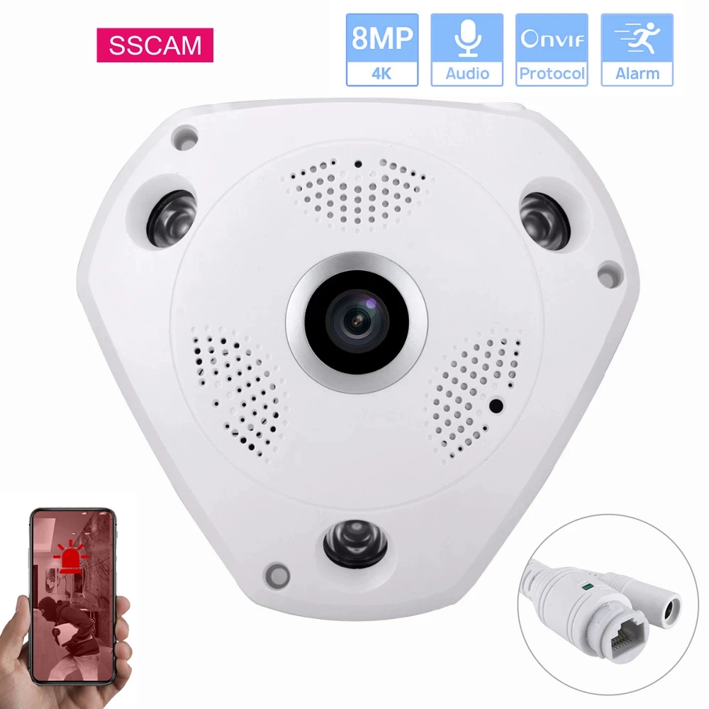 8MP Wired IP Dome Fisheye Camera 4K Audio Video Surveillance Motion Detection Home Security XMEye Infrared POE Camera Wide Angle