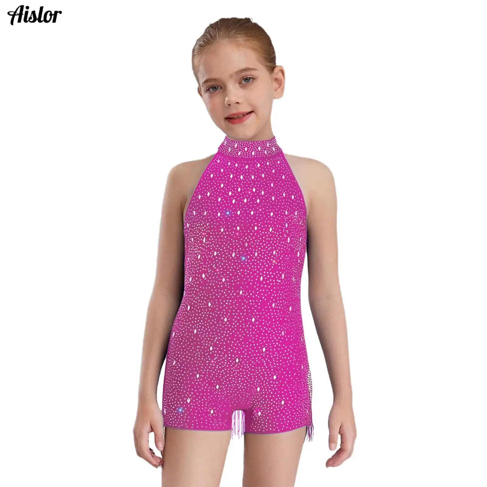 

Kids Girls Latin Jazz Dance Jumpsuit Fringed Shiny Rhinestones Halter Sleeveless Backless Bodysuit for Ballroom Performance
