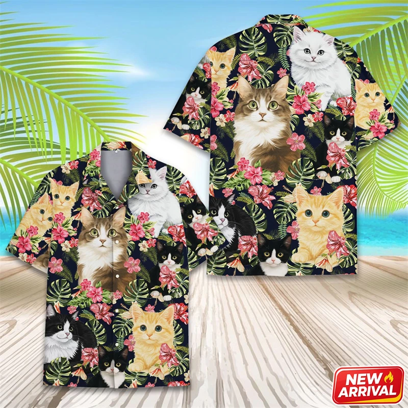 Cute Cat Pattern Hawaiian Shirt Men 3d Printed Tropical Flower Plants Graphic Button Lapel Shirt Summer Vacation Colorful Shirts