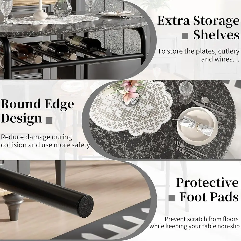 3-Piece Dining Table Set for Kitchen Breakfast Nook, Wood Grain Oval Tabletop and Metal Frame with Built-in Wine Rack, for Small