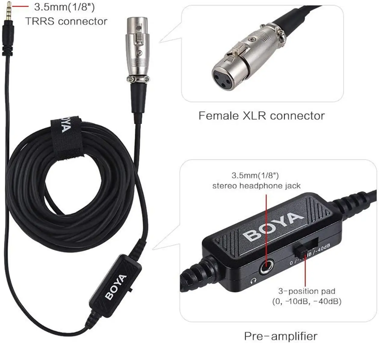 BOYA BY-BCA6 XLR Female to 3.5mm TRRS Connector Adjustable Volume Microphone Cable Adapter for iPhone Android PC Mobile Devices