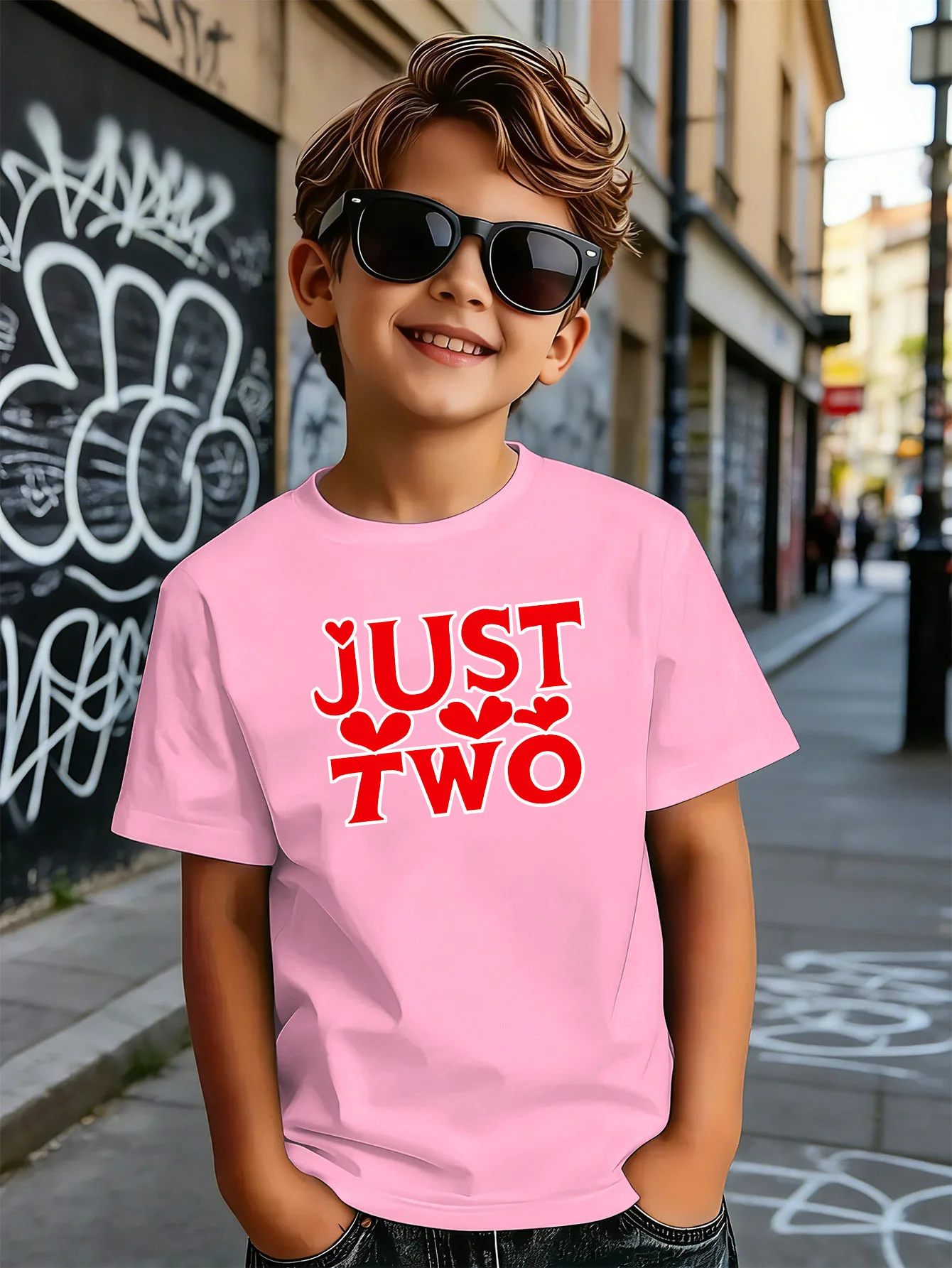 Just Two Heart Letter Print Kids T Shirt Boys Girls Parent Child Matching Soft Cotton Casual Short Sleeve Basic Daily Tees