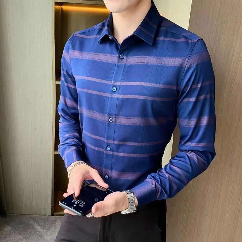 

Spring Autumn New Turn-down Collar Fashion Long Sleeve Shirt Man High Street Casual Slim Button Button Plaid All-match Cardigan