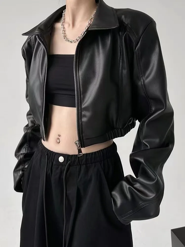 Jackets PU Leather Women Black Lapel Long Sleeve Crop Coats American Retro Streetwear Zipper Fashion Casual Female Outerwear