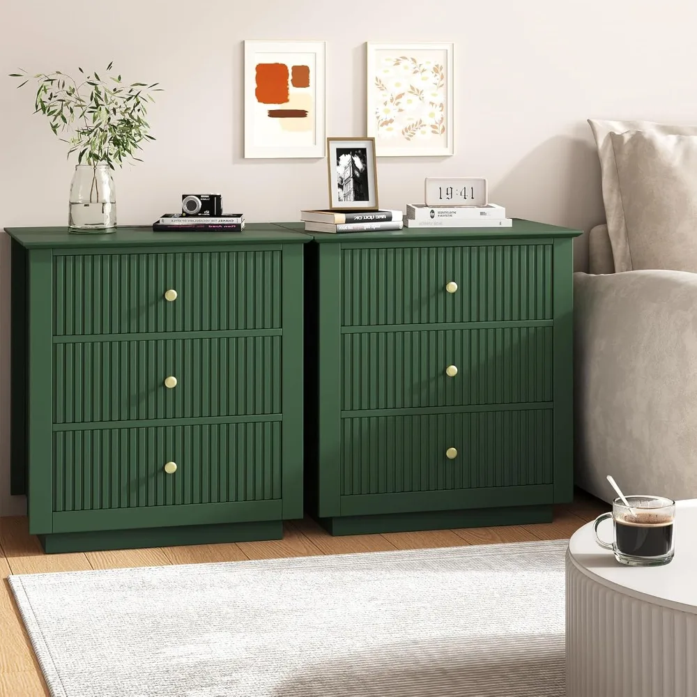 مجموعة كبيرة منضدة مخدد باللون الأخضر مكونة من قطعتين مع محطة شحن، طاولة بجانب السرير خشبية حديثة بعرض 24 بوصة مع 3 أدراج #1