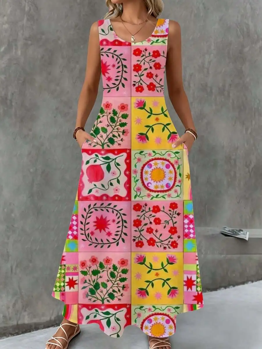 

Floral Patchwork Maxi Dress Pink Yellow Red Green Summer Beach Vacation