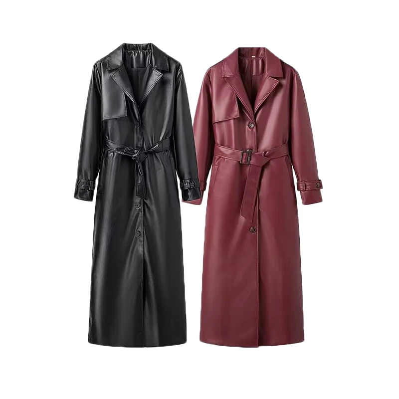 YUEYANG donna autunno moda vino rosso giacca lunga in pelle con bottoni femminili Bekt tasche cappotto con risvolto capispalla