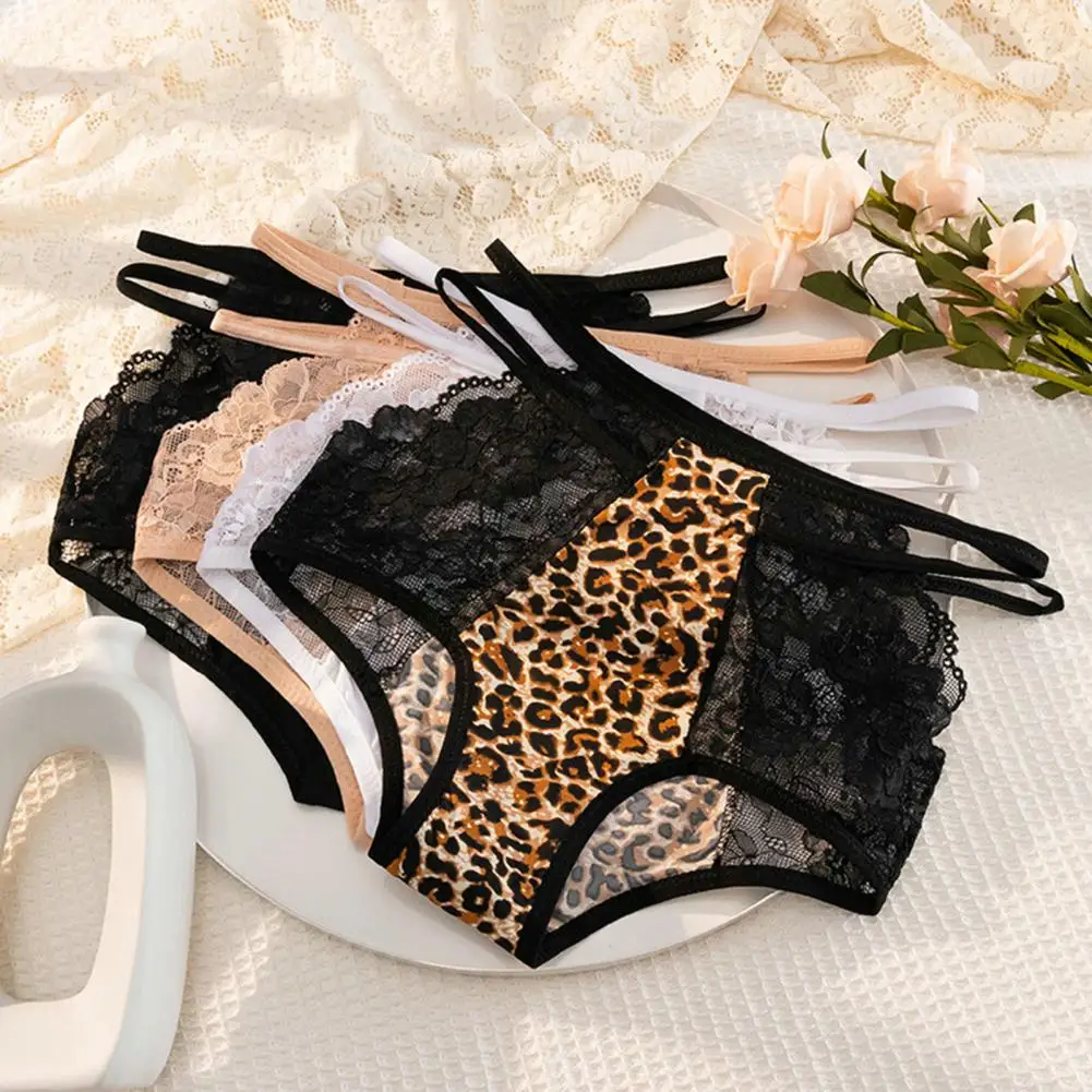 Ultra-thin Panties Leopard Print Lace High Waist Panties for Women Tummy Control Underwear with Breathable Anti-septic Fabric