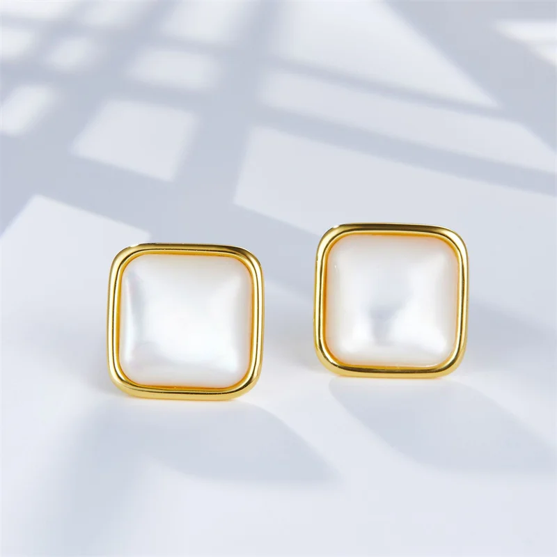 Minimalism Natural White Shell 925 Silver Gold Plated Stud Earrings Simple Geometric Square Small Earrings Mirror Polished