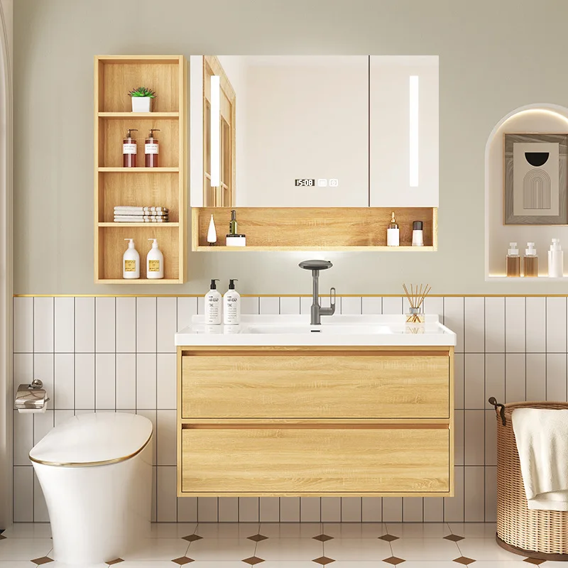 

Log color retro bathroom cabinet washbasin cabinet combination sink ceramic integrated basin washbasin hanging intelligence