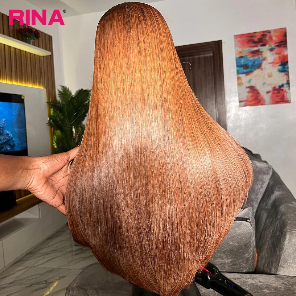 180 Density Human Hair Wig Dark Orange Ginger Colored Straight Transparent 13x4 Lace Front Wig Human Hair Pre Plucked 32 Inches