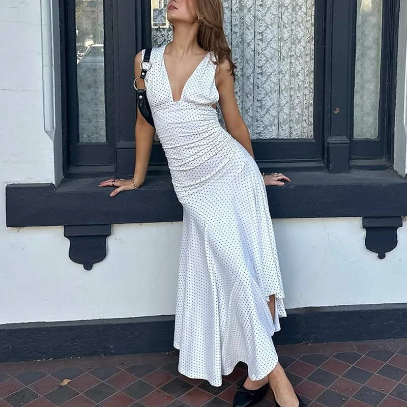 

Talenza Polka Dot Long Dress Women's V Neck Sleeveless Pullover High Waist Elastic Dress Summer Lady Vacation Casual Sexy Dress