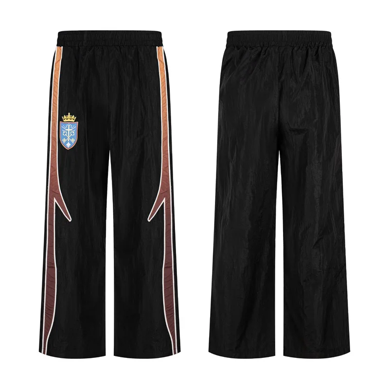 American Vintage Nylon Wide Leg Track Righteous Pants Side Contrast Stripe Crown Embroidery Elastic Waist Man Casual Pants