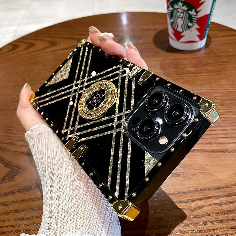 Gold Upscale Luxurious Ring Holder Square Phone Case For iPhone 11 12 13 14 15 16Pro Max XR X XS 7 8 Plus Silicone Bling Cover