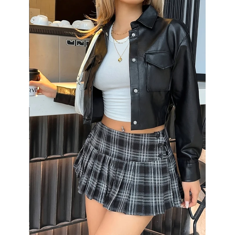 الخريف الشتاء المرأة فو الجلود اقتصاص سترة العصرية الأسود موتو السائق سترة قصيرة الأزياء بو معطف حزب سترة #5