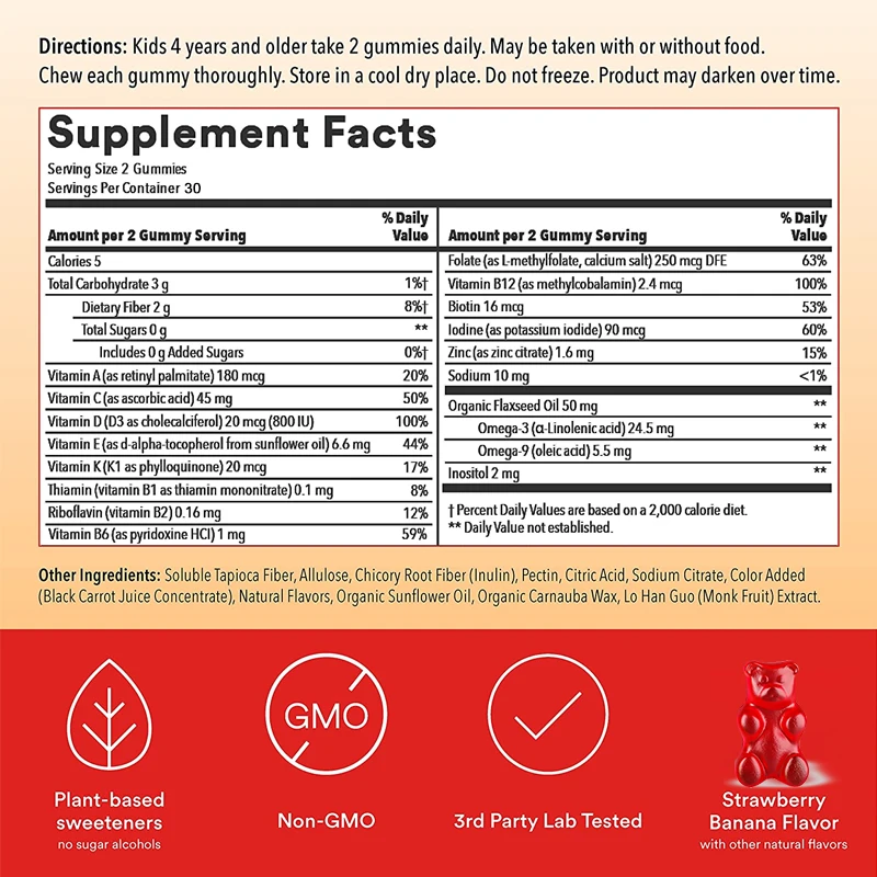 Multivitamin Gummies for Kids, Sugar Free Gummies with Vitamins C, D, B6 & Zinc, Flaxseed Oil Omega 3 ALA, Erythritol Free