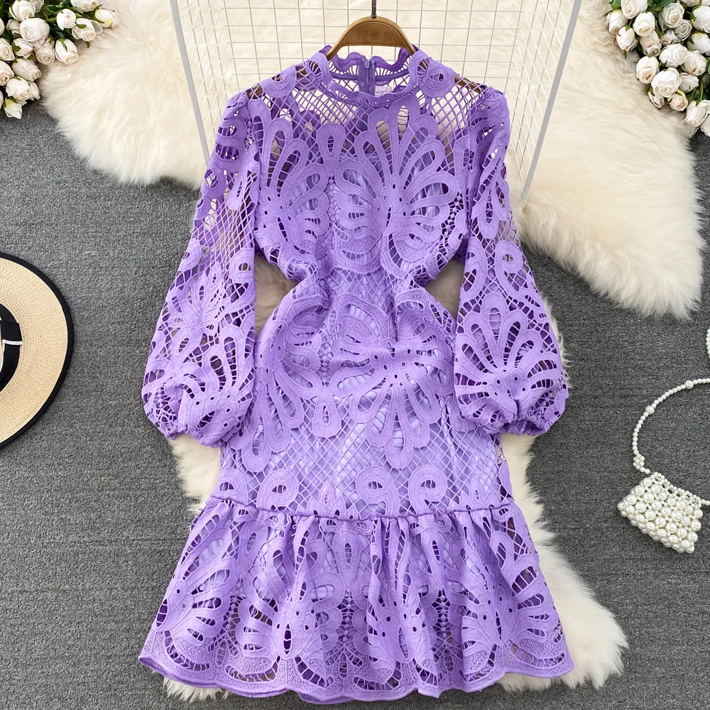 Runway Two Piece Dress Suits Women Sexy Hollow Out Lace Blouses Long Sleeve + Maxi Long Skirts Sets Summer Autumn Outfits