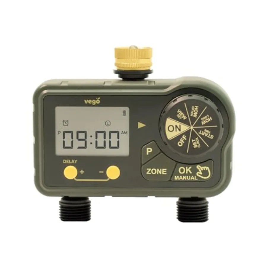 

2 Zone Sprinkler Timer with Brass Inlet - Dual Channel Programmable Rain Delay/Manual Watering/Automatic Irrigation - Water Hos