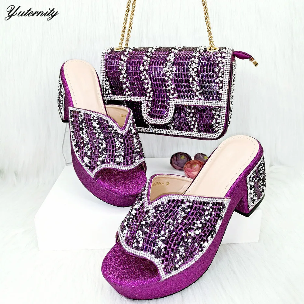 African Summer Rhinestone Shoes And Matching Bags Set Italian Woman High Heels Shoes And Bag Set for Party 8Colors On Sale