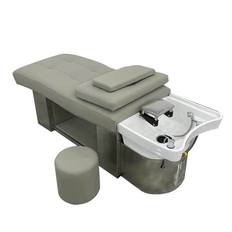 

Modern Hair Salon Equipment Lay Down Shampoo Chair Grey Shampoo Bed with Water Circulation and Steamer