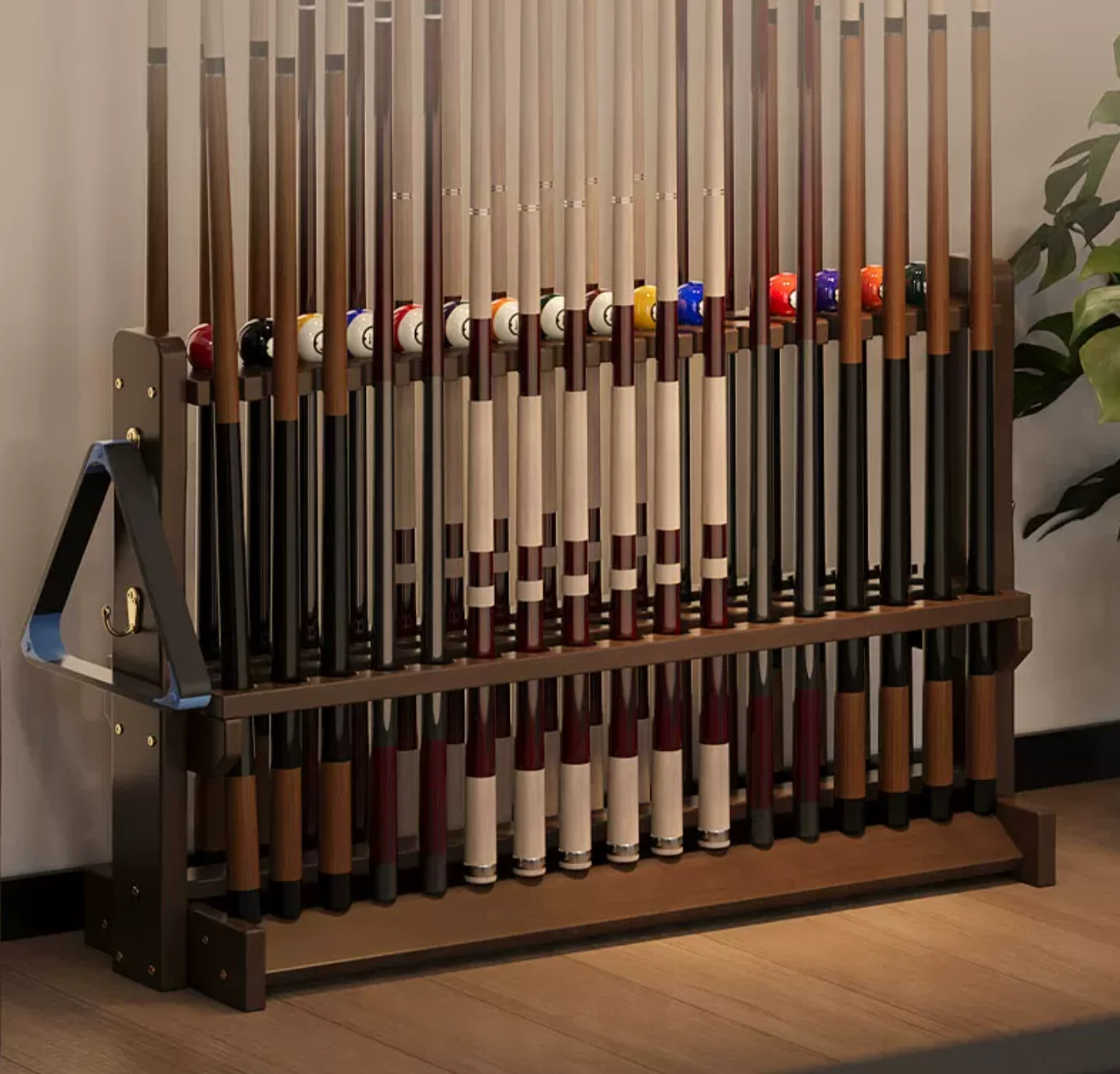 Freestanding Wooden Billiard Cue Rack, 8-Cue Holder with Sturdy Screws, Triangle Hook, Game Room Bar Storage Organizer