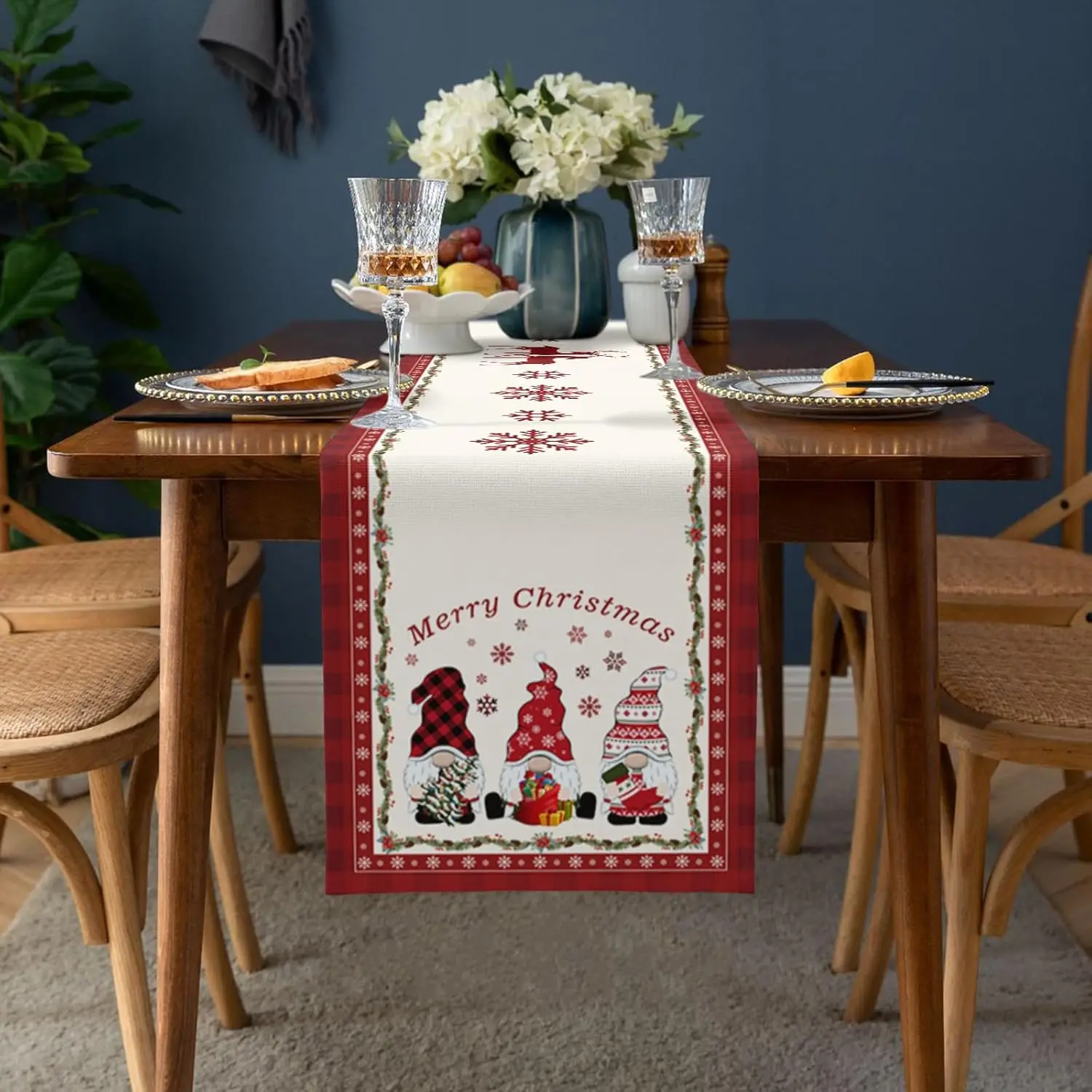 Christmas Gnomes Pine Cones Poinsettia Linen Table Runners Dresser Scarf Decor Reusable Dining Table Runners Christmas Decor