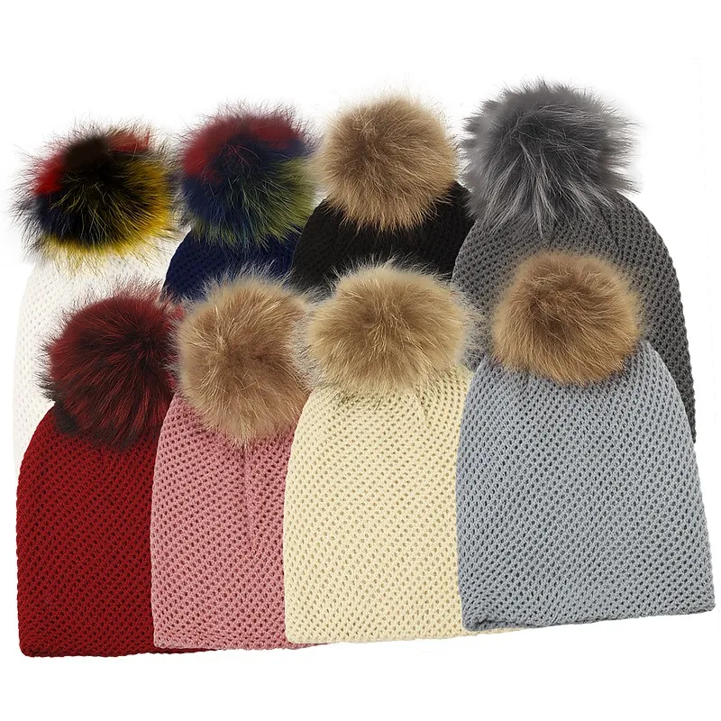 Women Autumn Winter Knitted Hollow Out Beanies With 15cm Real Pompom Slouchy Cap Soft Warm Baggy Slouch Hat