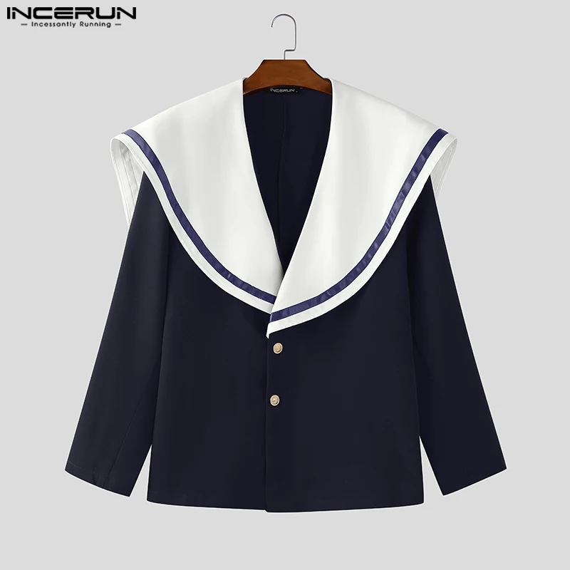 

INCERUN Men Jackets Patchwork Navy Collar Long Sleeve One Button Male Coats Loose Streetwear 2025 Fashion Casual Jackets S-5XL