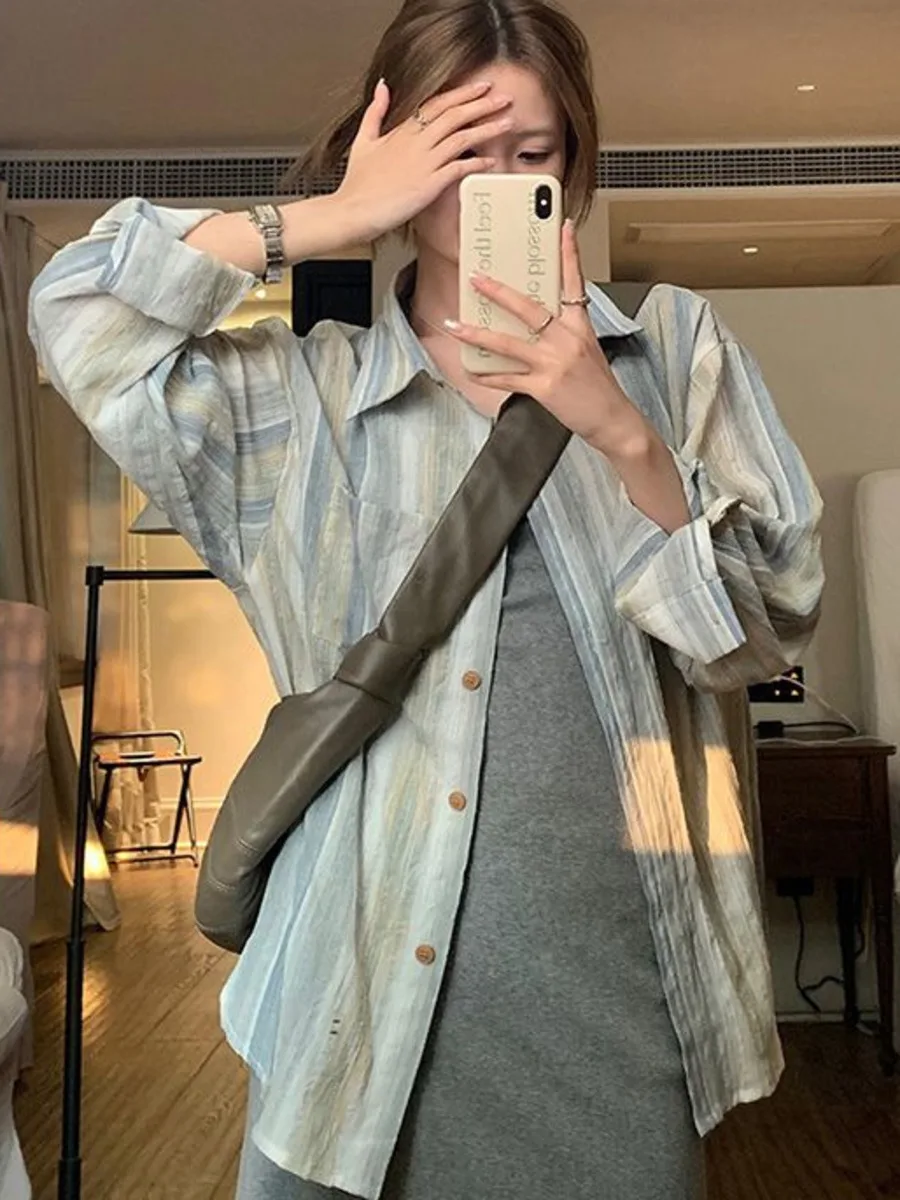 

Vintage Summer Striped Shirts Women Sun Protection Cardigan Top Ulzzang Chic Unisex Loose Chic Streetwear Breathable Harajuku