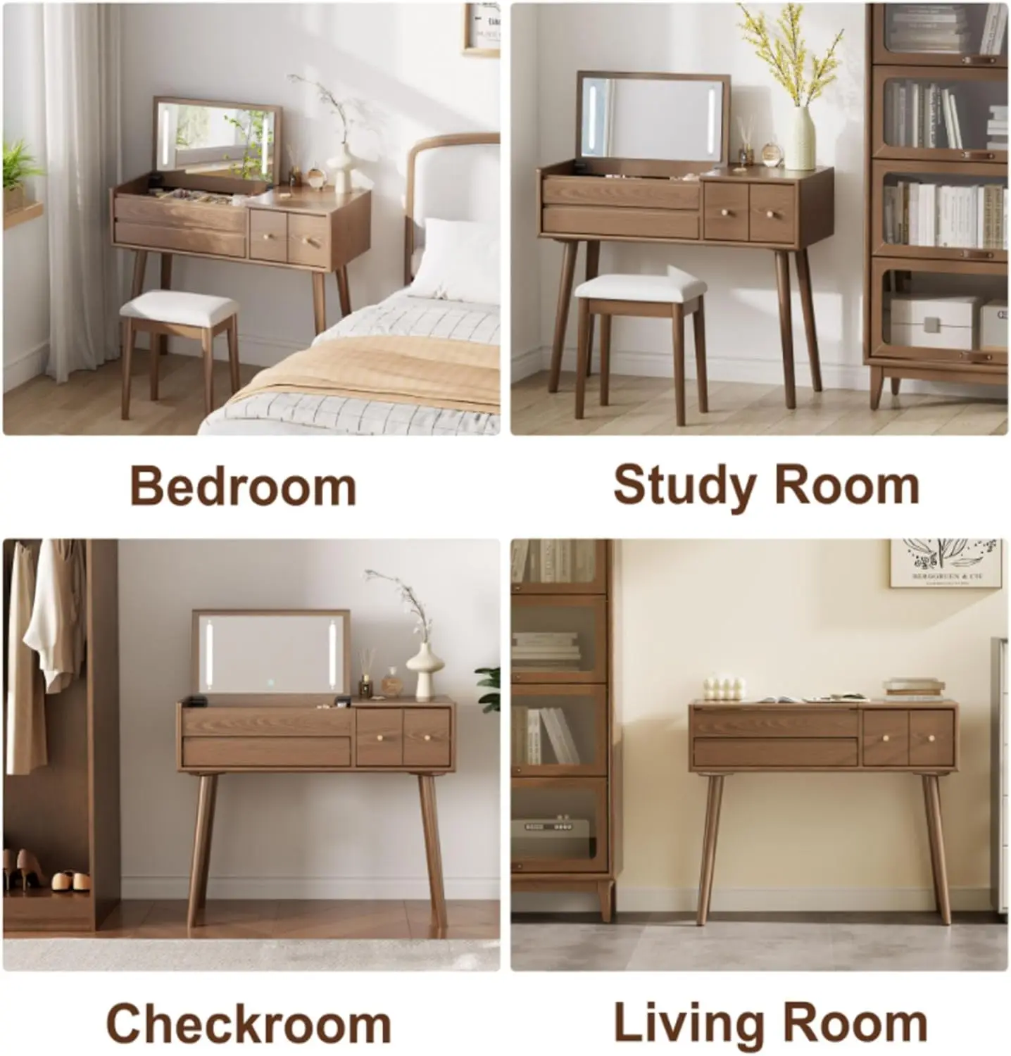 US Stock Modern Wood Makeup Vanities Desk With LED Lighting 4 Drawers Space-Saving Mirror Dressing Table Set For Bedroom SZT006